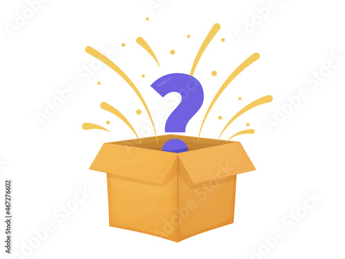 Mystery contest cardboard box with question. Mystery box gift question icon.