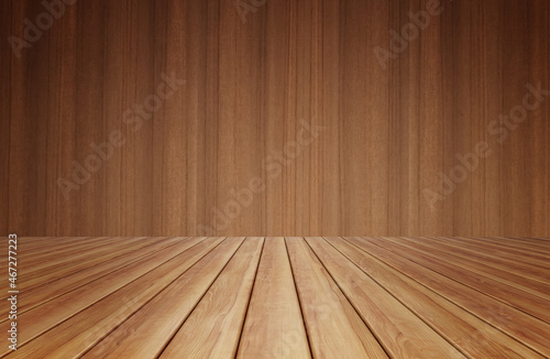 Empty table in room with a wall and wood slats on brown floor  3d illustration background texture. Board