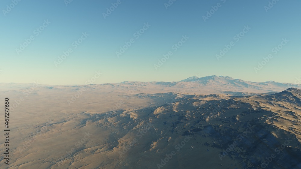 view from a beautiful planet, alien planet landscape, science fiction illustration 3d render