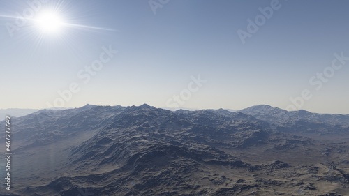 view from a beautiful planet, alien planet landscape, science fiction illustration 3d render