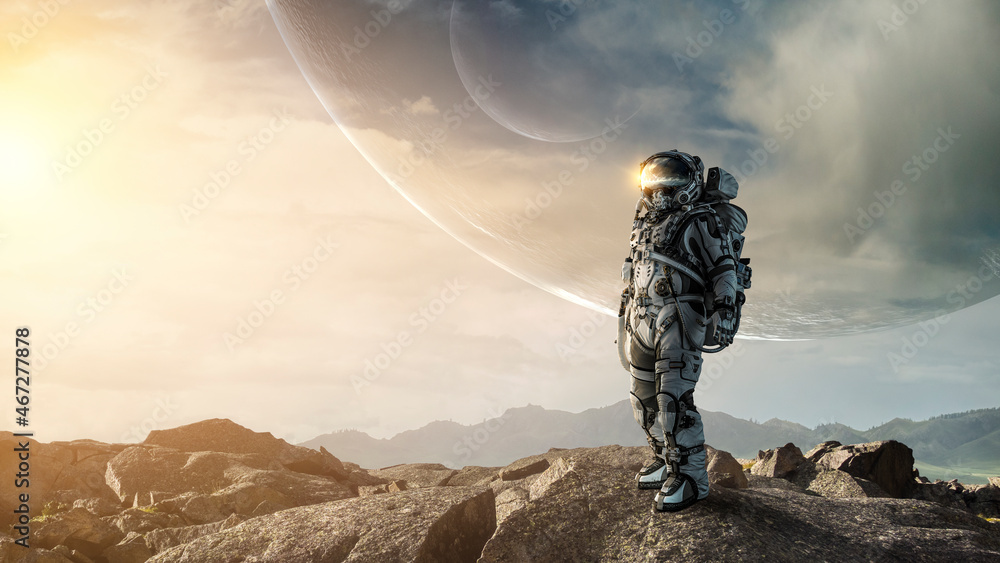 Astronaut walking on an unexplored planet . Mixed media Astronaut walking on an unexplored planet . Mixed media