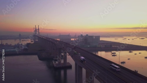 Aerial view of the Seohaedaegyo bridge at morning. Korea. 서해대교, 아침, 일출 photo