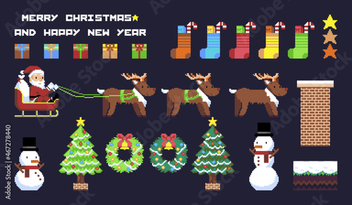 Christmas pixel art vector illustration of Santa Claus, reindeer, Christmas tree, snowman, gift box, Christmas socks, chimney, Christmas wreath