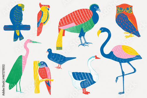 Vintage wild birds vector illustration set