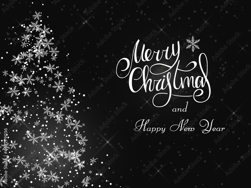 Handwritten white lettering on a dark graybackground. Magic white lush Christmas tree of snowflakes and snowstorms. Merry Christmas and Happy New Year 2022.