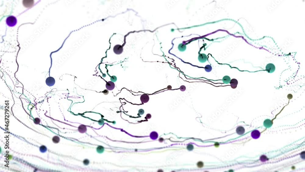 On a white background, multicolored balls of paint movie, releasing long blurred streams behind them. The jets turn into dots and disappear. On a white background, multicolored balls of paint movie, releasing long blurred streams behind them. The jets turn into dots and disappear.