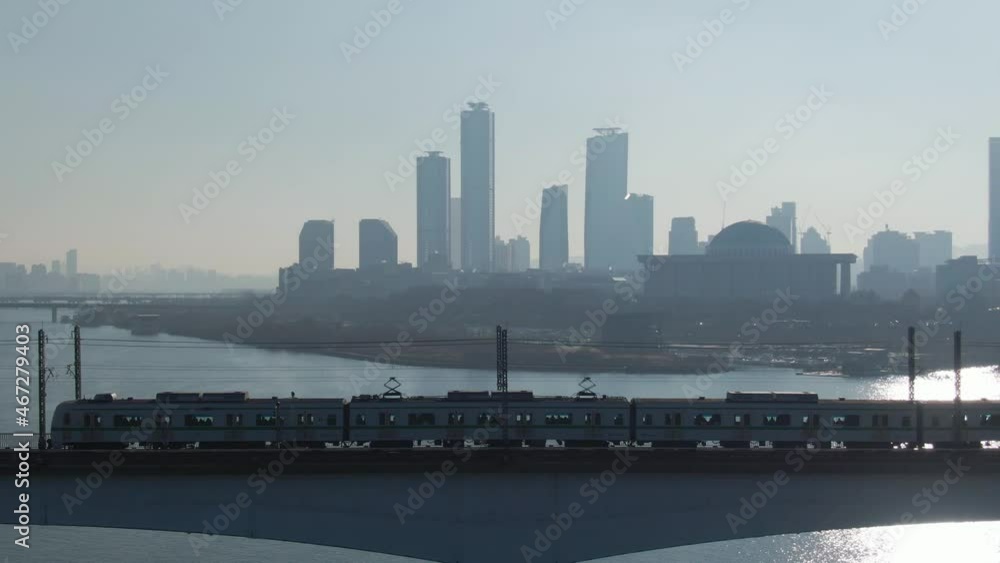 Subway crossing Dangsan iron bridge at morning, Aerial view. Seoul, Korea. 서울, 당산철교, 지하철, 한강