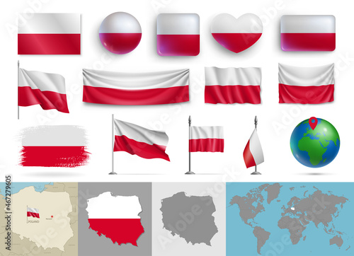 Free Download Poland flags of various shapes and geographic map set. Realistic Polish flags, glossy buttons in patriotic colors, highly detailed map and globe with identification pin vector illustration - GFXLoad