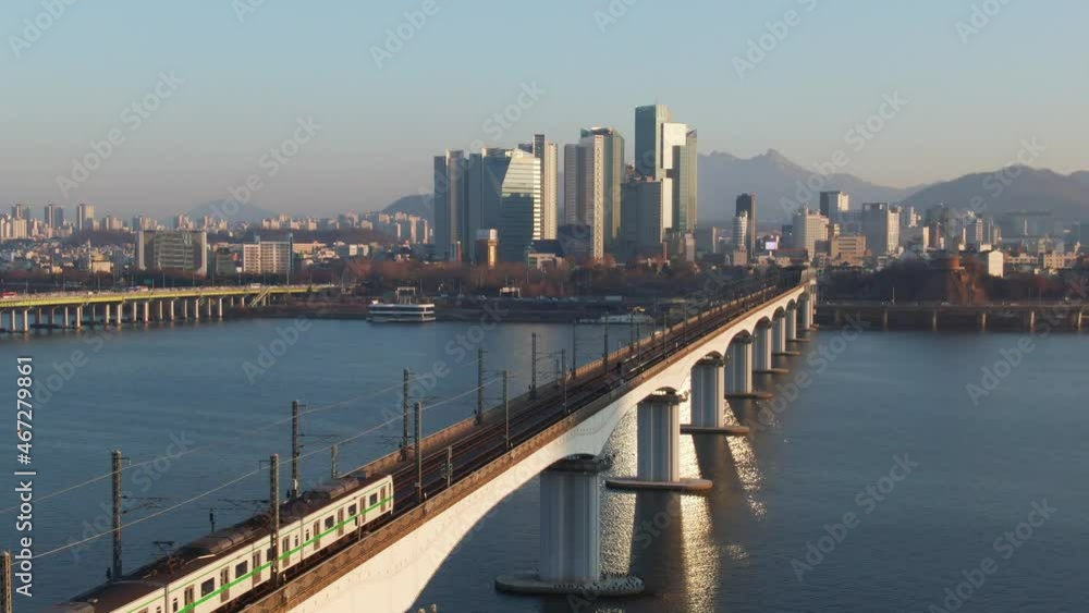 Subway crossing Dangsan iron bridge at morning, Aerial view. Seoul, Korea. 서울 당산철교, 지하철 2호선. Subway crossing Dangsan iron bridge at morning, Aerial view. Seoul, Korea. 서울 당산철교, 지하철 2호선.