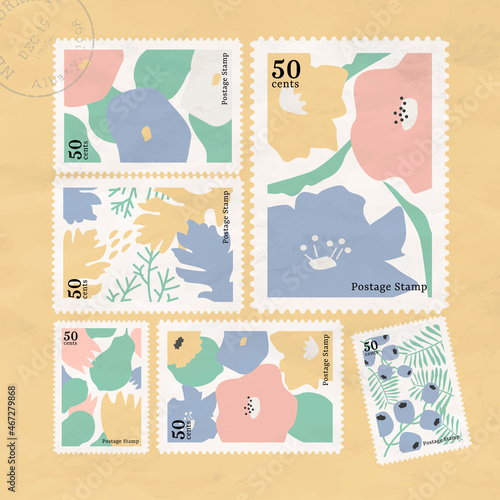 Botanical stamp collection on yellow background vector
