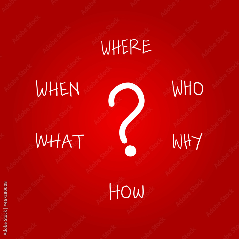 5W1H Red With Question Mark, What, When, Where, Who, Why, How, useful for flyer, business presentation, branding package, invitation card, web background, banner, book cover