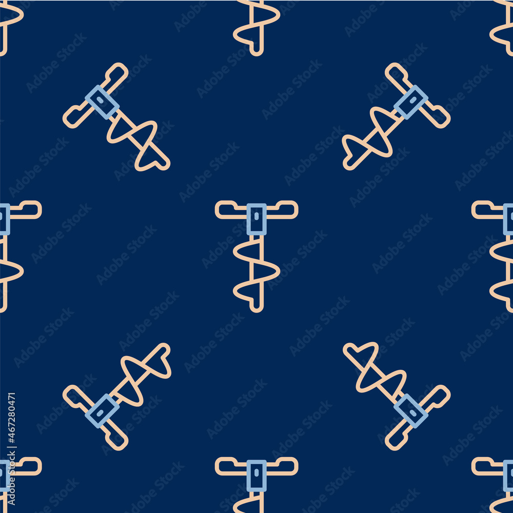 Line Hand ice drill for winter fishing icon isolated seamless pattern on blue background. Vector Line Hand ice drill for winter fishing icon isolated seamless pattern on blue background. Vector