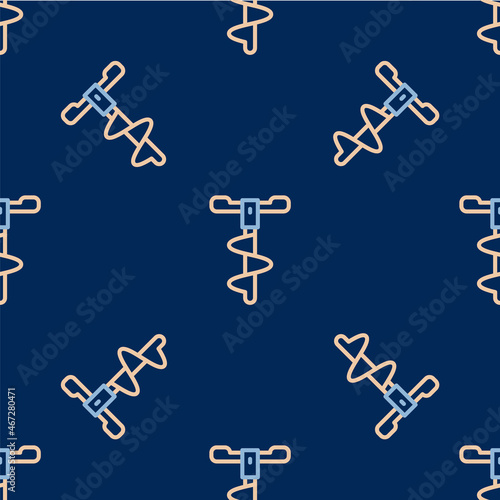 Line Hand ice drill for winter fishing icon isolated seamless pattern on blue background. Vector