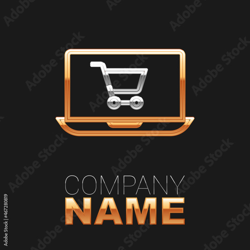Line Shopping cart on screen laptop icon isolated on black background. Concept e-commerce, e-business, online business marketing. Colorful outline concept. Vector