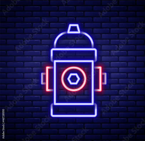 Glowing neon line Fire hydrant icon isolated on brick wall background. Colorful outline concept. Vector