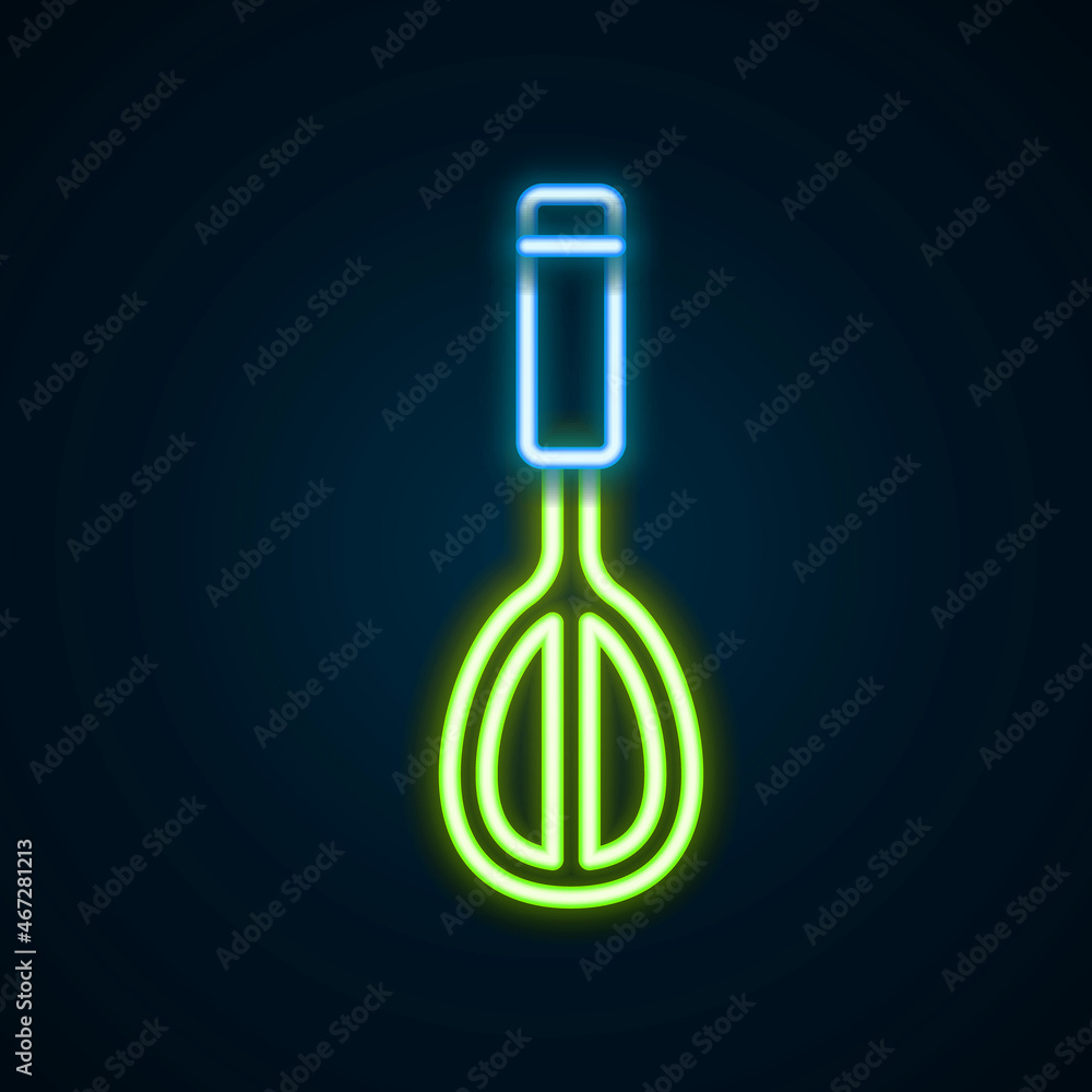 Glowing neon line Kitchen whisk icon isolated on black background. Cooking utensil, egg beater. Cutlery sign. Food mix symbol. Colorful outline concept. Vector Glowing neon line Kitchen whisk icon isolated on black background. Cooking utensil, egg beater. Cutlery sign. Food mix symbol. Colorful outline concept. Vector