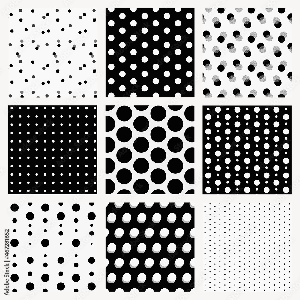 Cute pattern background, polka dot in black and white vector set Cute pattern background, polka dot in black and white vector set
