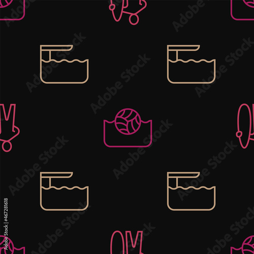 Set line Surfboard, Diving or springboard and Water polo on seamless pattern. Vector