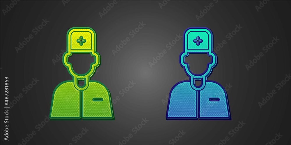 Green and blue Male doctor icon isolated on black background. Vector Green and blue Male doctor icon isolated on black background. Vector