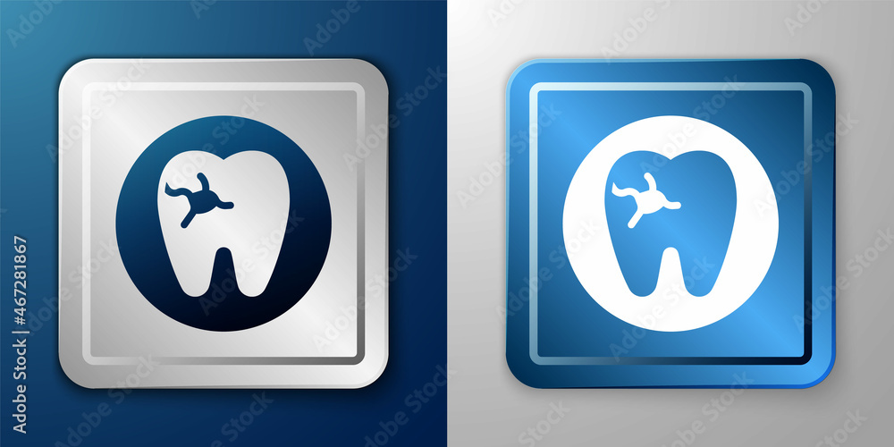 White Tooth with caries icon isolated on blue and grey background. Tooth decay. Silver and blue square button. Vector White Tooth with caries icon isolated on blue and grey background. Tooth decay. Silver and blue square button. Vector