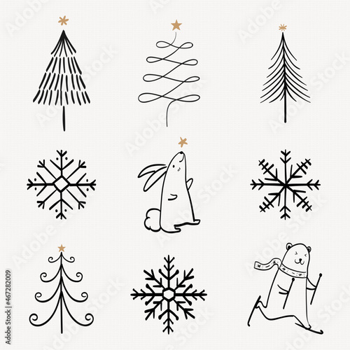 Christmas doodle sticker, cute tree and animal illustration in black vector set
