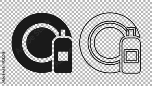 Black Dishwashing liquid bottle and plate icon isolated on transparent background. Liquid detergent for washing dishes. Vector