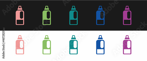 Set Plastic bottle for laundry detergent, bleach, dishwashing liquid or another cleaning agent icon isolated on black and white background. Vector