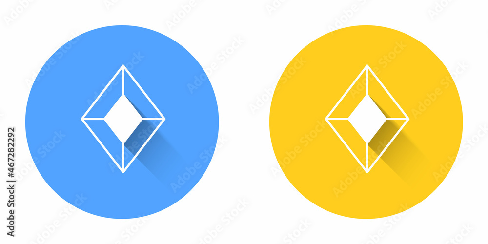 White Gem stone icon isolated with long shadow background. Jewelry symbol. Diamond. Circle button. Vector