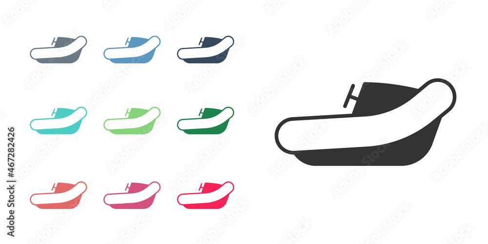 Black Inflatable boat with outboard motor icon isolated on white background. Set icons colorful. Vector