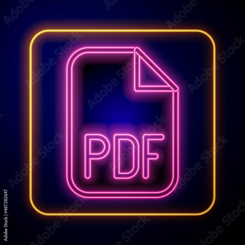 Glowing neon PDF file document. Download pdf button icon isolated on black background. PDF file symbol. Vector