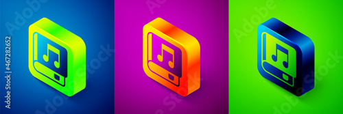 Isometric Audio book icon isolated on blue, purple and green background. Musical note with book. Audio guide sign. Online learning concept. Square button. Vector