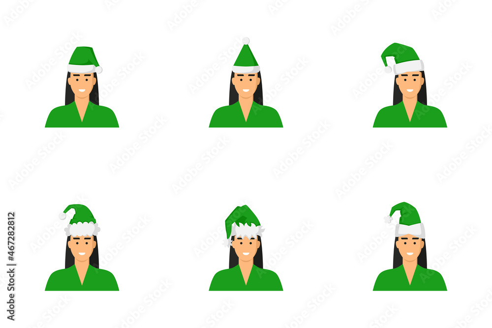 Conjunto de persona mujer con diferentes gorros navideños. Conjunto de gorro navideño. Sombrero verde de navidad. Ilustración vectorial Conjunto de persona mujer con diferentes gorros navideños. Conjunto de gorro navideño. Sombrero verde de navidad. Ilustración vectorial