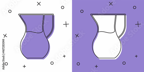 Set Jug glass with water icon isolated on white and purple background. Kettle for water. Glass decanter with drinking water. Vector