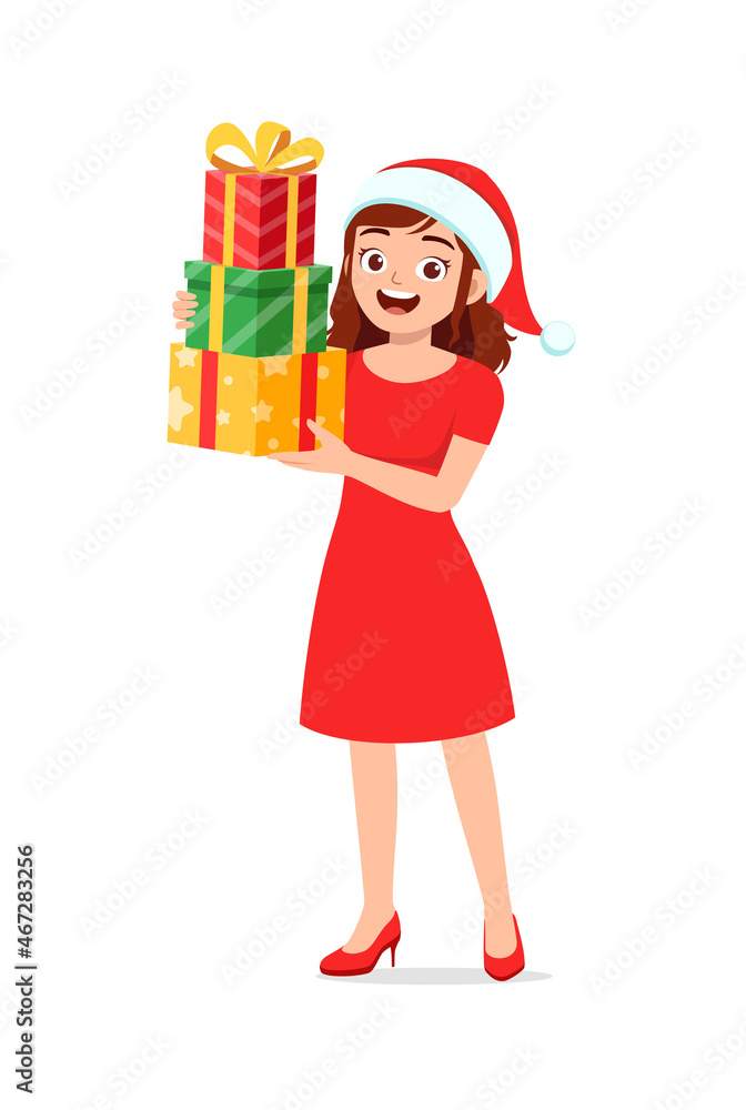 Obraz premium young woman holding box present in christmas