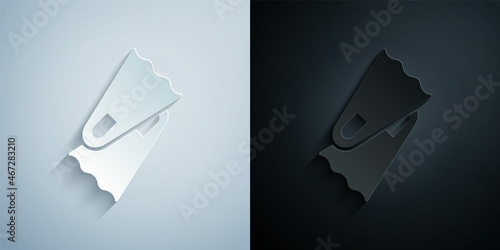 Paper cut Rubber flippers for swimming icon isolated on grey and black background. Diving equipment. Extreme sport. Diving underwater equipment. Paper art style. Vector