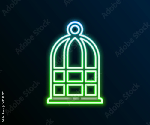 Glowing neon line Cage for birds icon isolated on black background. Colorful outline concept. Vector