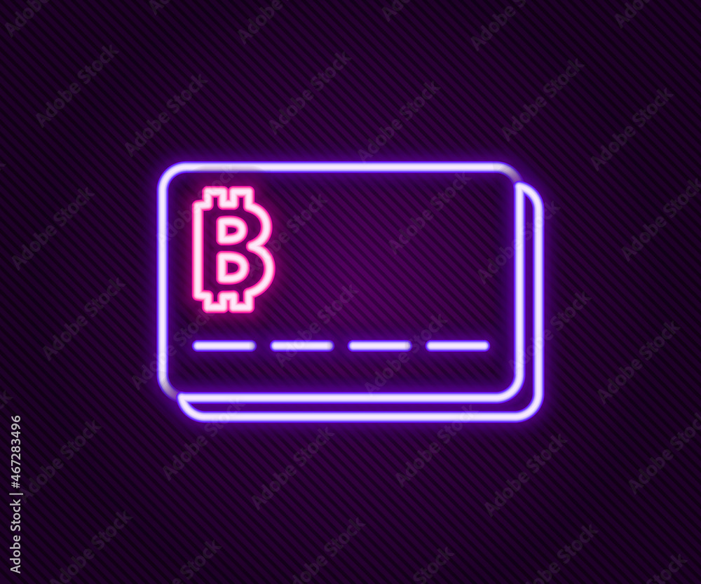 Glowing neon line Credit card with bitcoin icon isolated on black background. Online payment. Cash withdrawal. Modern method of payment. Colorful outline concept. Vector