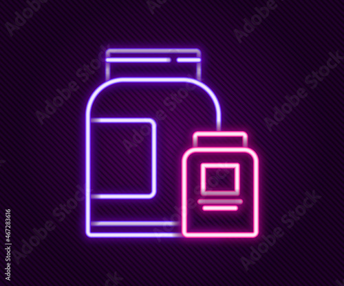 Glowing neon line Sports nutrition bodybuilding proteine power drink and food icon isolated on black background. Colorful outline concept. Vector
