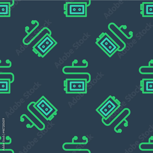 Line Museum audio guide icon isolated seamless pattern on blue background. Headphones for excursions. Vector