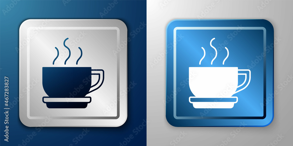 White Coffee cup icon isolated on blue and grey background. Tea cup. Hot drink coffee. Silver and blue square button. Vector White Coffee cup icon isolated on blue and grey background. Tea cup. Hot drink coffee. Silver and blue square button. Vector