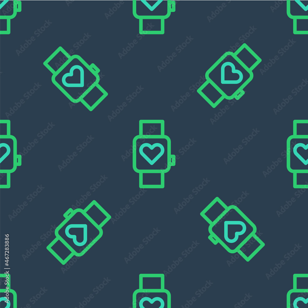 Line Smart watch showing heart beat rate icon isolated seamless pattern on blue background. Fitness App concept. Vector Line Smart watch showing heart beat rate icon isolated seamless pattern on blue background. Fitness App concept. Vector
