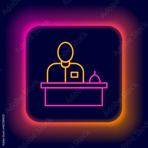 Glowing neon line Receptionist standing at hotel reception desk icon isolated on black background. Colorful outline concept. Vector