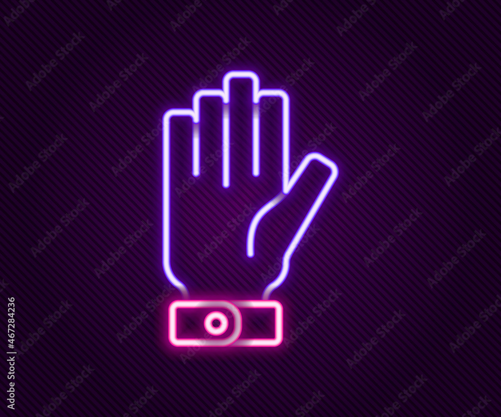 Glowing neon line Firefighter gloves icon isolated on black background. Protect gloves icon. Colorful outline concept. Vector Glowing neon line Firefighter gloves icon isolated on black background. Protect gloves icon. Colorful outline concept. Vector