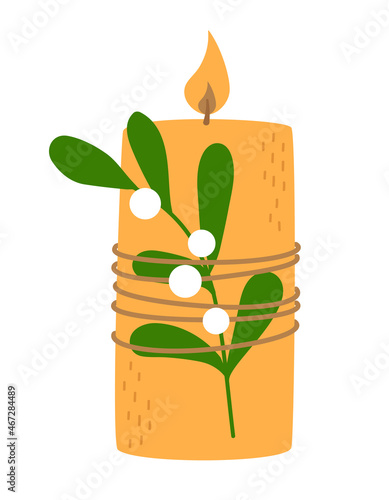 Beautiful honey candle with a sprig of mistletoe. Festive home decor. Cozy burning candle for the Christmas holidays. Modern hand-drawn vector illustration. Flat style. Isolated on a white background.