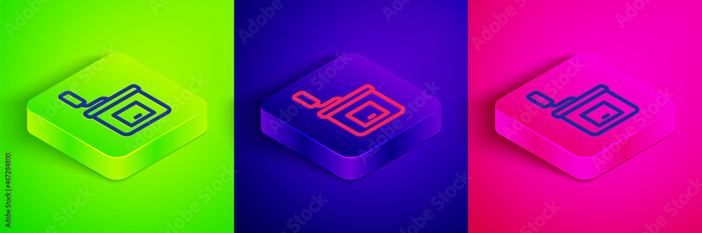 Isometric line Manual coffee grinder icon isolated on green, blue and pink background. Square button. Vector Isometric line Manual coffee grinder icon isolated on green, blue and pink background. Square button. Vector