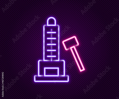 Glowing neon line High striker attraction with big hammer icon isolated on black background. Attraction for measuring strength. Amusement park. Colorful outline concept. Vector photo