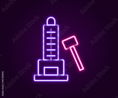 Glowing neon line High striker attraction with big hammer icon isolated on black background. Attraction for measuring strength. Amusement park. Colorful outline concept. Vector