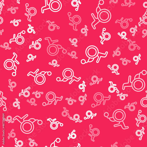 White line Wheelchair for disabled person icon isolated seamless pattern on red background. Vector