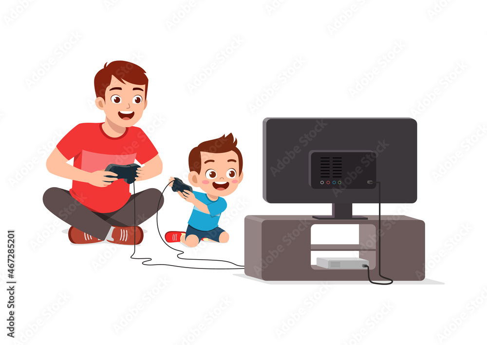 cute little boy play video game on big screen