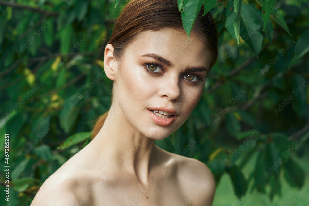 beautiful woman green leaves clean skin nature summer cropped view beautiful woman green leaves clean skin nature summer cropped view